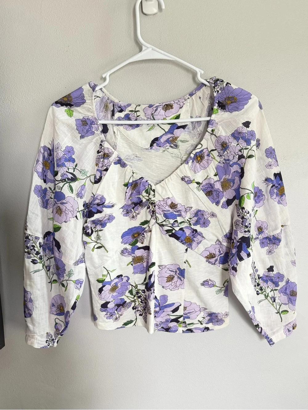 Anthropologie Floral Puff Sleeve Blouse Purple Print Cotton S